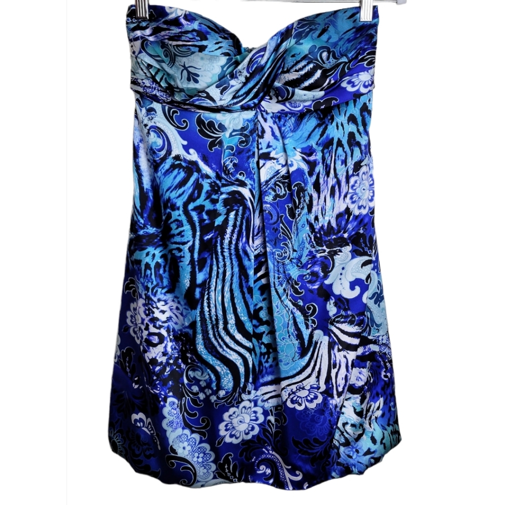 Cache Strapless 100% Silk Blue Abstract Print Bubble Dress Size 4